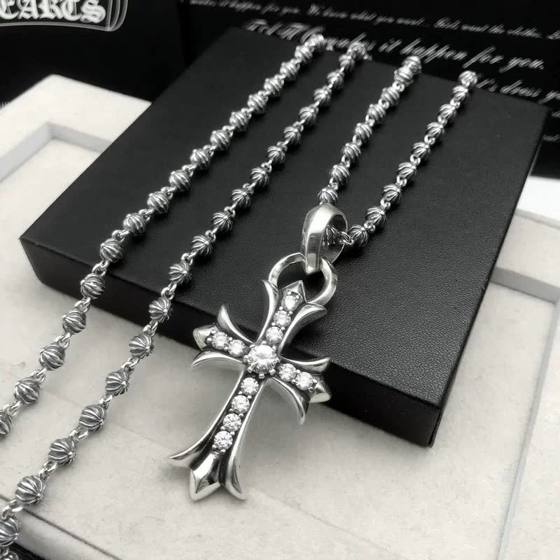 Chrome Hearts Silver Cross Pendant with Beaded Chain